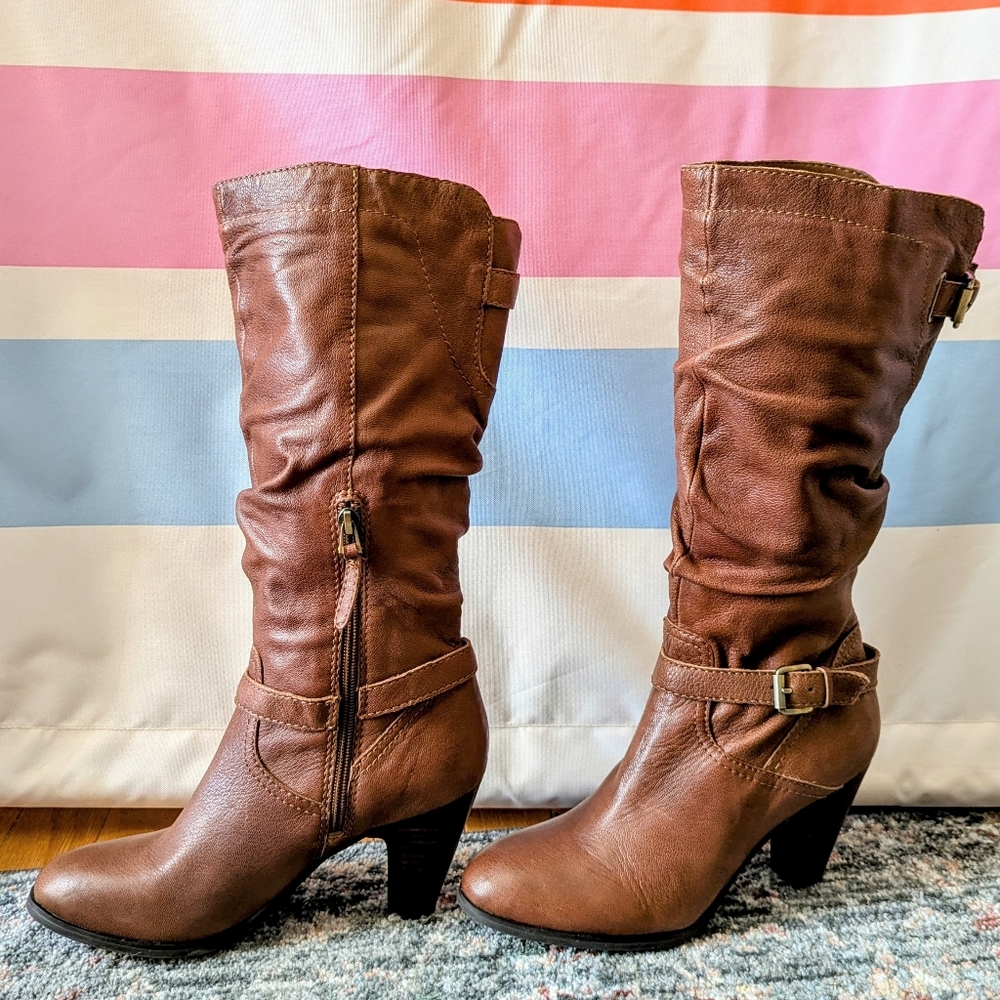 Guess Magy Brown Leather Scrunch Boots Buckled Heeled Western Rustic Fall Y2K 8 - Picture 4 of 11